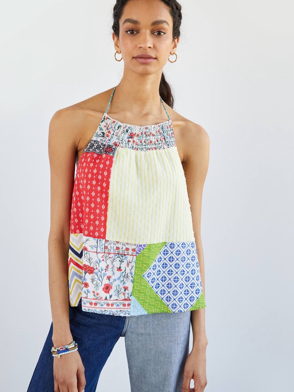 Anthropologie Patchwork Halter Tank Top in Red, Green, Blue - Open Back